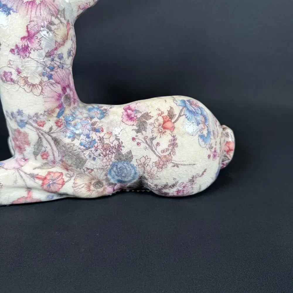 Floral Decoupage Lying Deer Figurine Ceramic Sculpture h8